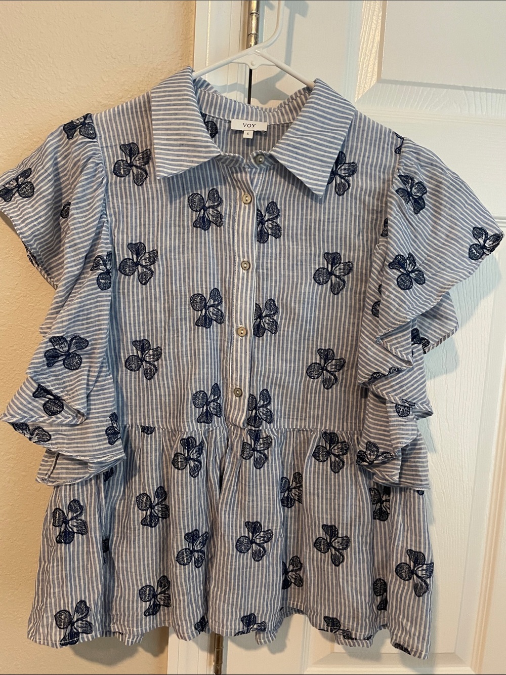 VOY Blue Stripe Embroidered Ruffle-Sleeve Blouse - Picture 2 of 9